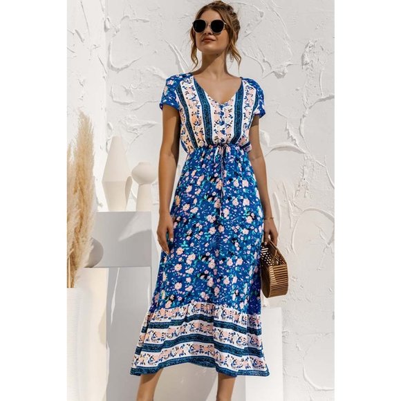 Boho Floral Print V-Neck Midi Dress Blue - Picture 4 of 4